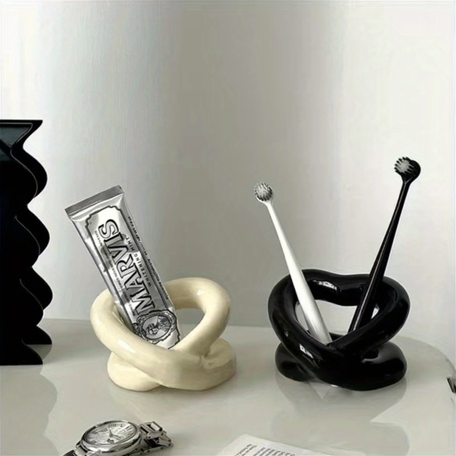 

Ceramic Toothbrush Holder - Freestanding Toothpaste and Brush Organizer for Bathroom Decor, No Electricity Needed