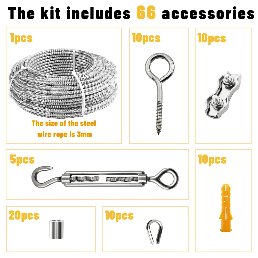 PVC 코팅 스테인레스 철사 로프, 안전 로프, 빨랫줄 캐노피 서스펜션, 3mm 키트, 66 개 세트, 15 m, 30 m, 50m