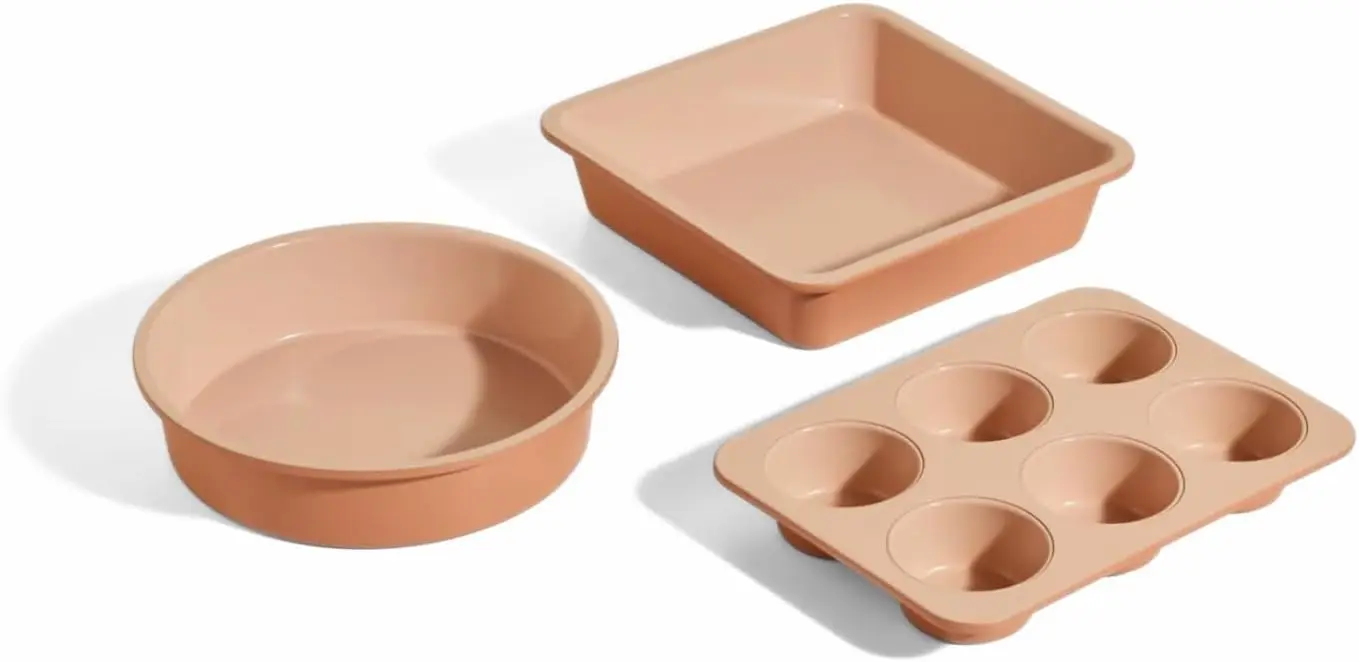 

3-Piece Ceramic Nonstick Bakeware Set: 8" Round, 8" Square, and 6-Cup Muffin Pan - Oven-Safe to 450°F