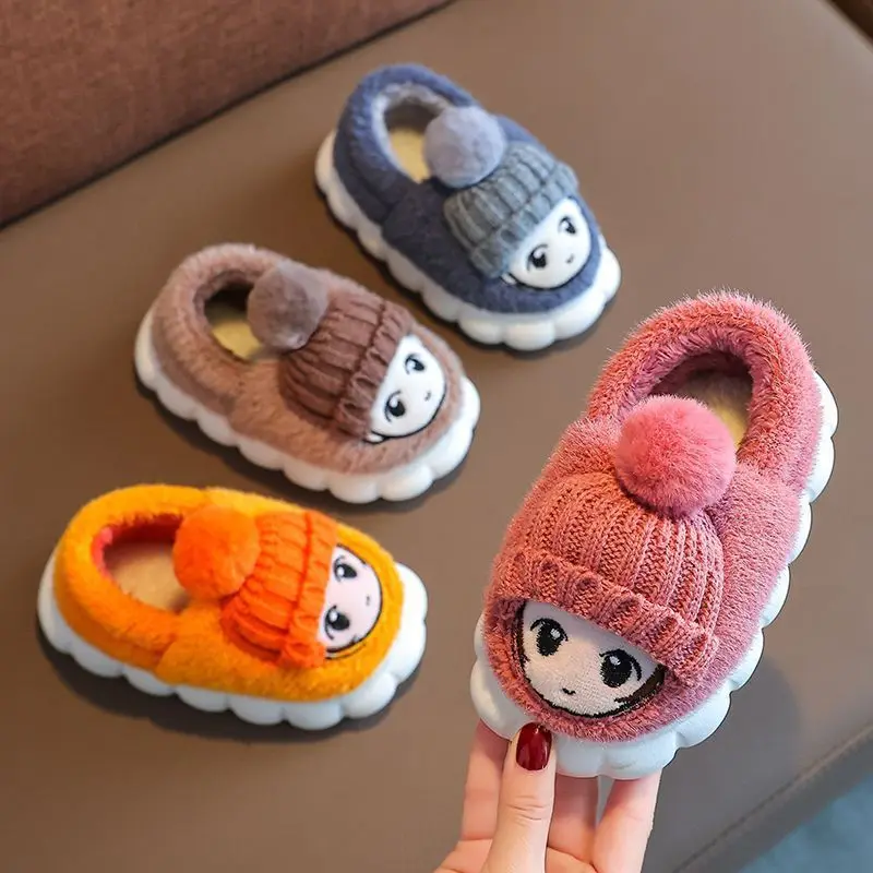 Children Cotton Slippers 2024 New Winter Boys Girls Anti-Slippery Indoor Cartoon Cute Home Shoes Kids Fluffy Knitted Footwear