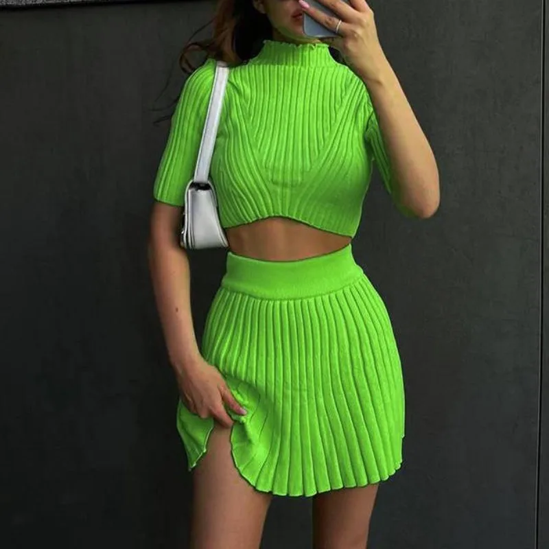 Summer New Women\'s Fashion Sexy Slim Short Sleeve Top & Knitted Pleated Skirt Set Temperament Commuting Female 2PCS Tops Sets