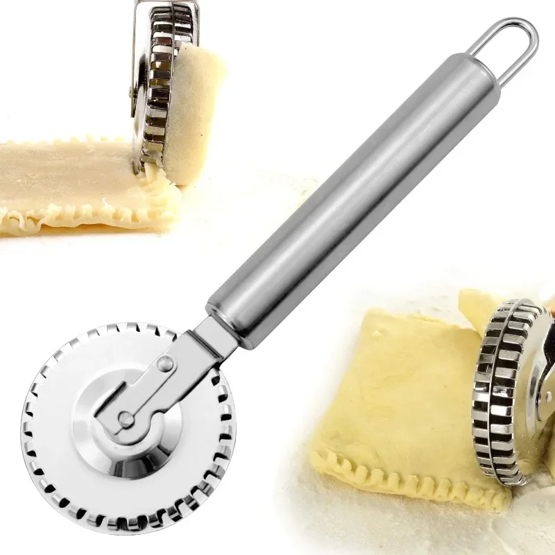 Cuchillo para estampado de sellado de borde de rodillo de pastelería de acero inoxidable, relleno de pastel, bola de masa, cuchillo de corte de encaje rodante de doble cara elegante