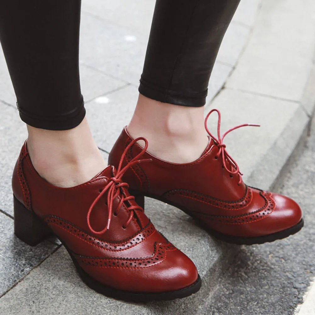 Big Size 34-43 Brand New Female Lace-up Oxfords Pumps Fashion Thick High Heels women's Pumps Party Office Retro Woman Shoes