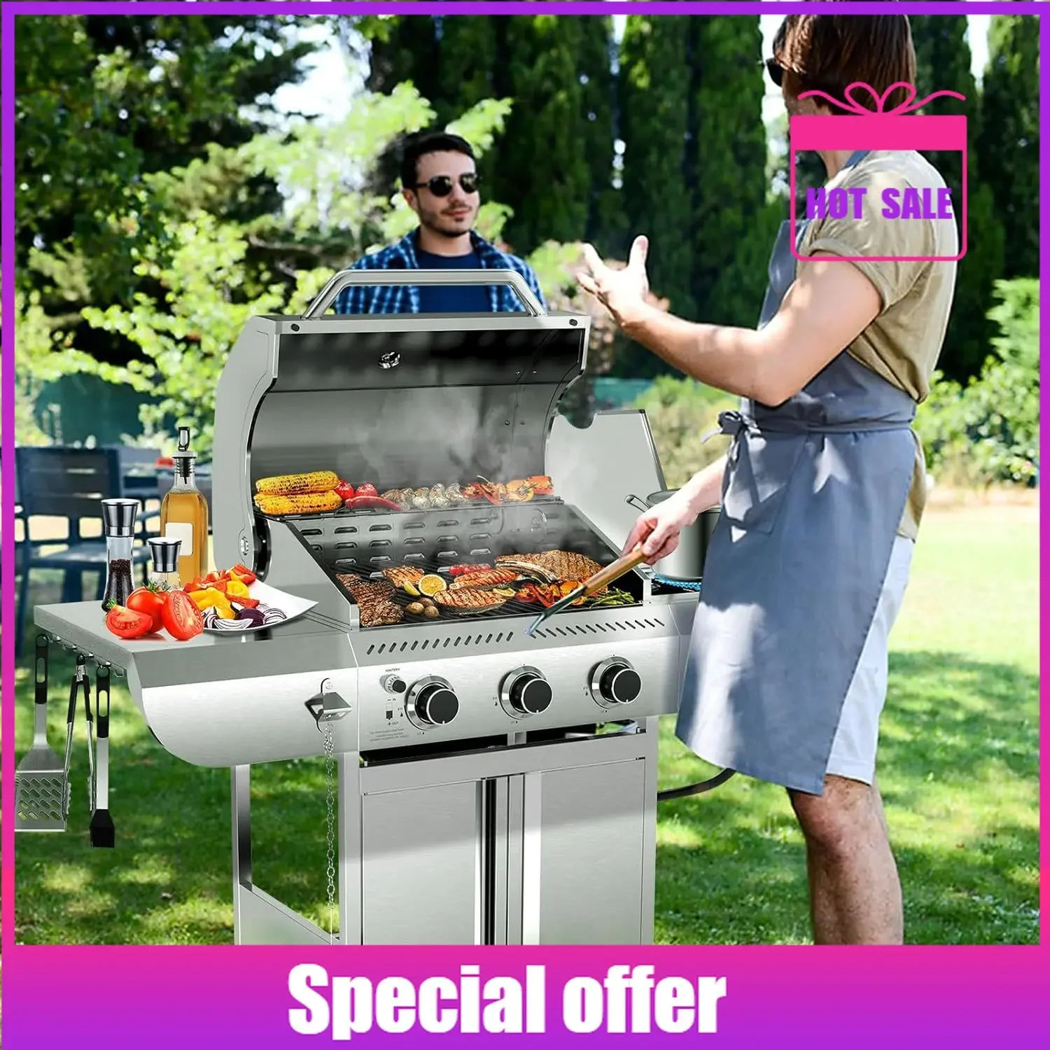 

Favorite 3-Burner Propane Gas Grill with Side Burner – 34,000 BTU Stainless Steel Outdoor BBQ Grill, Cast Iron Grates, Portable