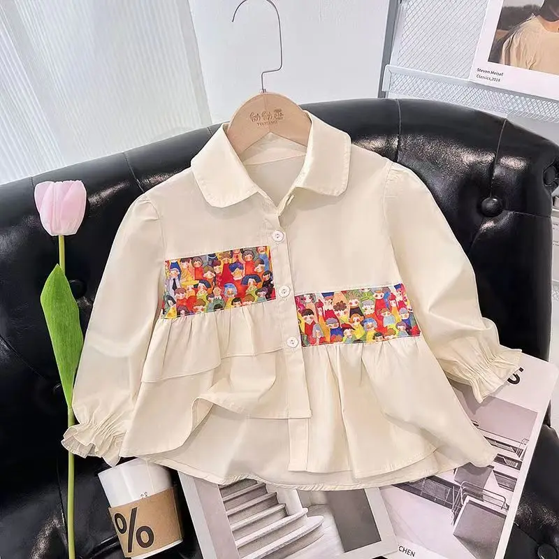 Kids Girls Baby Shirt 2023 New Children\'s Spring and Autumn Wear Spliced Long sleeved Top Outerwear Autumn Versatile Shirt