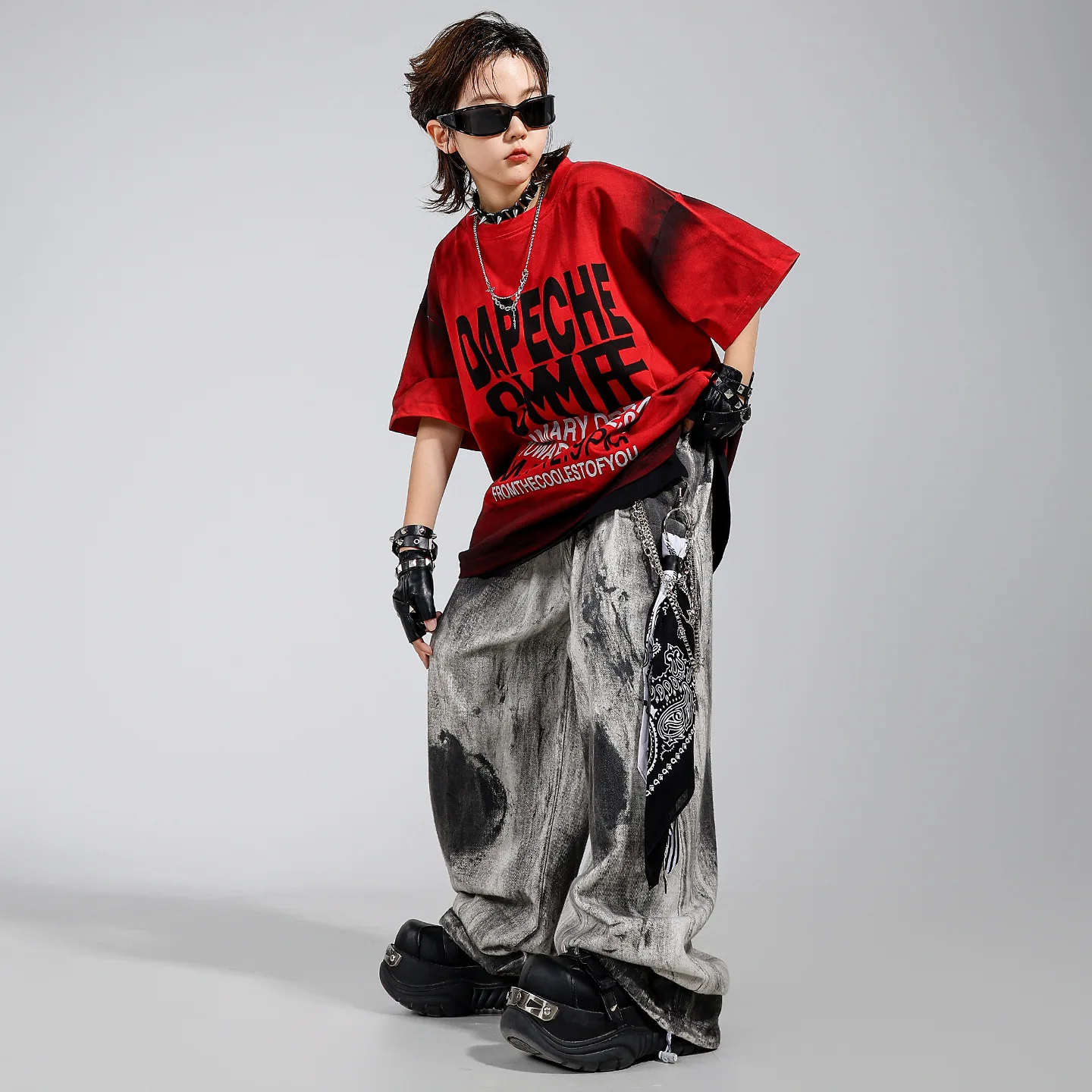 Ropa de Hip Hop Kpop para chico, camiseta con letras rojas, pantalones de pierna ancha informales pintados con aerosol para niña y niño, Ropa de baile, disfraces