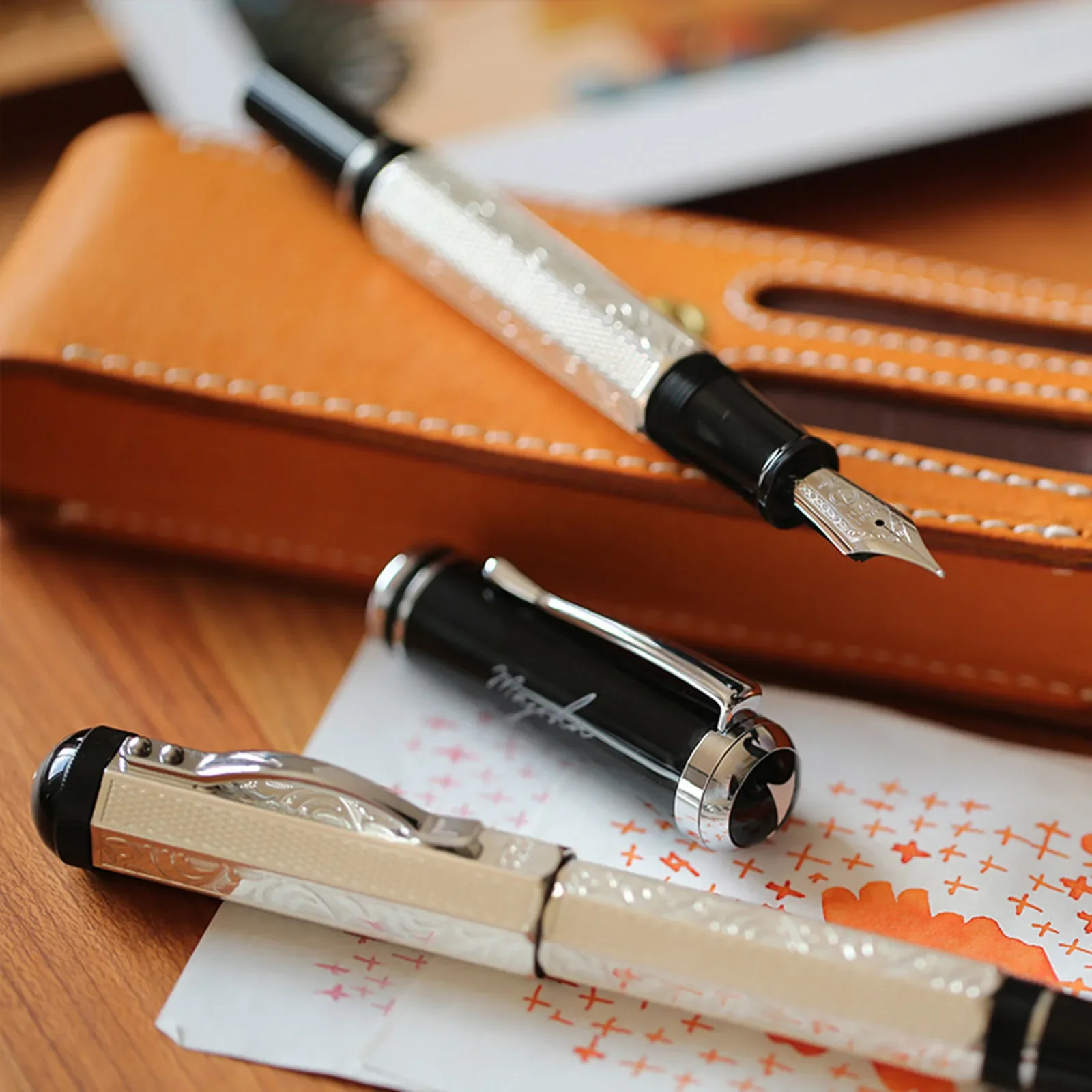 MAJOHN P138 Metal Fountain Pen Piston Inking Octahedral Etching Pattern EF/F/M/Flat No.6 Nib Classical Plated Writing Gift Pens