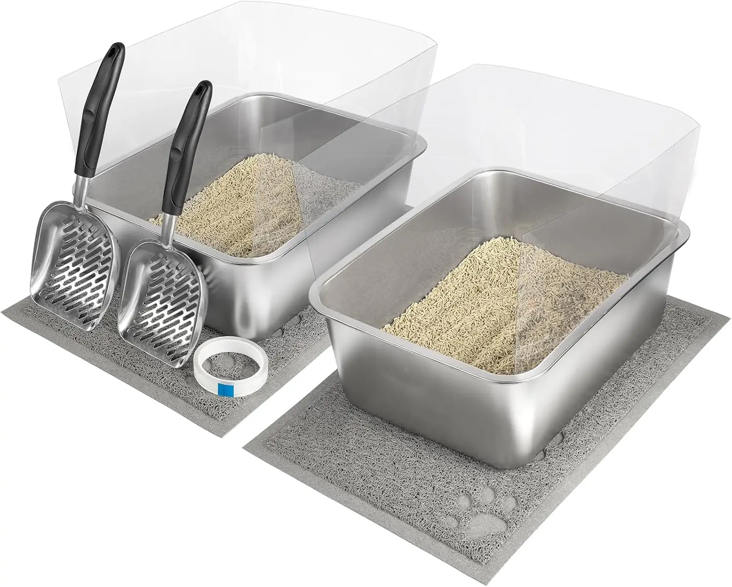 

2 Set Stainless Steel Litter Box - 17.7"x13.8"x5.9", High-Sided Shield, Scoops, Mats for Multiple Cats, Easy to Clean