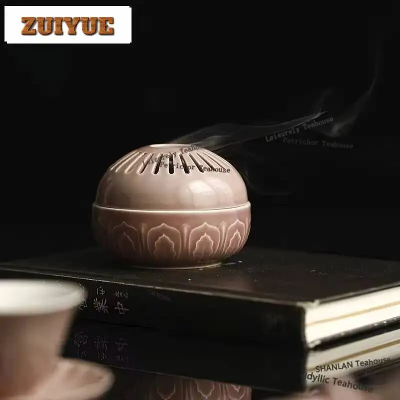 Purple Red Glaze Handmade Incense Burner Household Lotus Petal Incense Holder Retro Censer Scented Aromatic Candles Teaware Gift