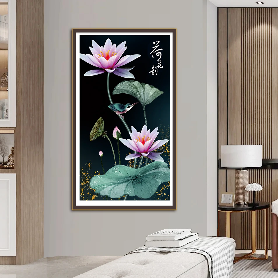 Lotus Flower Cross Stitch DIY Embroidery Set Living Room Decorative Painting 11CT 9CT Printed Cloth Needlework Material Pack Kit