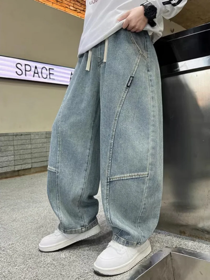 2026 Spring Casual Boys Denim Pants Elastic Waist Loose Straight Leg Jeans Blue Pocket Streetwear Style Trousers 5 2026 Spring Casual Boys Denim Pants Elastic Waist Loose Straight Leg Jeans Blue Pocket Streetwear Style Trousers 5