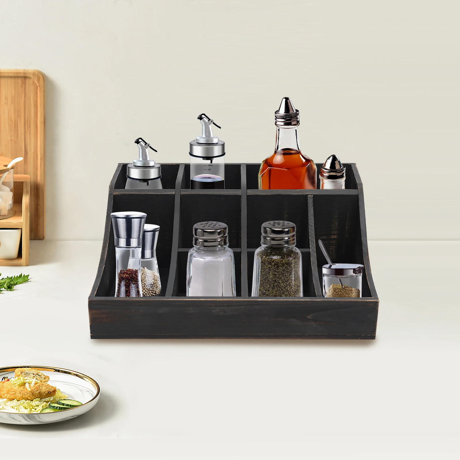 

9-Slot Wooden Spice Rack Organizer, Black Antique Finish Kitchen Countertop Storage, Pine Wood Tea & Coffee Condiment Holder