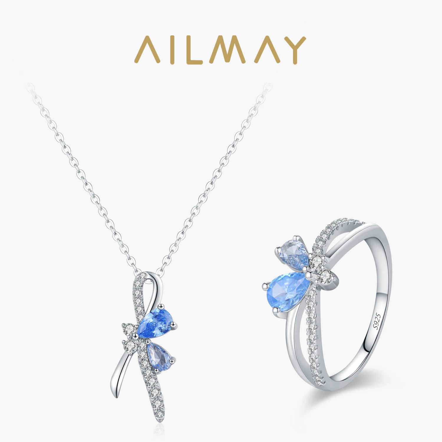 Ailmay Luxury 925 Sterling Silver Blue Zircon Bow Jewelry Set  For Women Wedding Engagemen or Christmas Gift