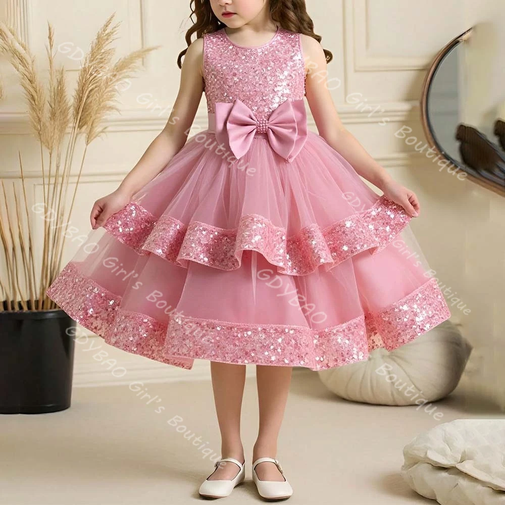 

Pink Flower Girl Dress for Wedding Toddlers Sequin Hem Tiered Tulle Princess Pageant Dress Custom Kids Birthday Party Ball Gown