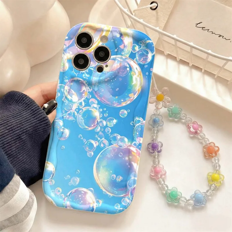 Bead Lanyard Ripple Border Case Blue Bubble For Samsung Galaxy S26 Ultra S25 S24 S23 + A57 A37 A27 A16 A06 A17 A15 A07 4G Cover