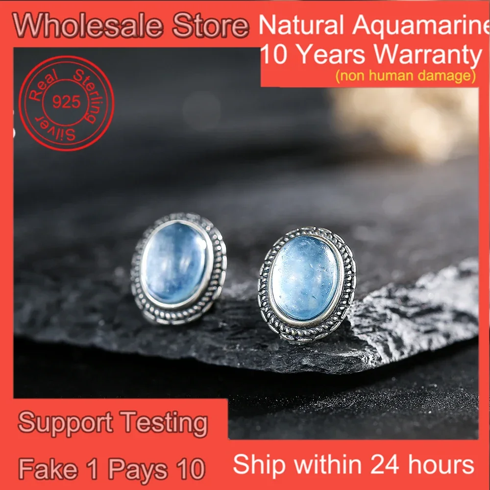 

1 Pairs Genuine 925 Silver Aquamarine Earring Studs Classic Vintage Women Ladies Jewelry March Birthstone Gifts