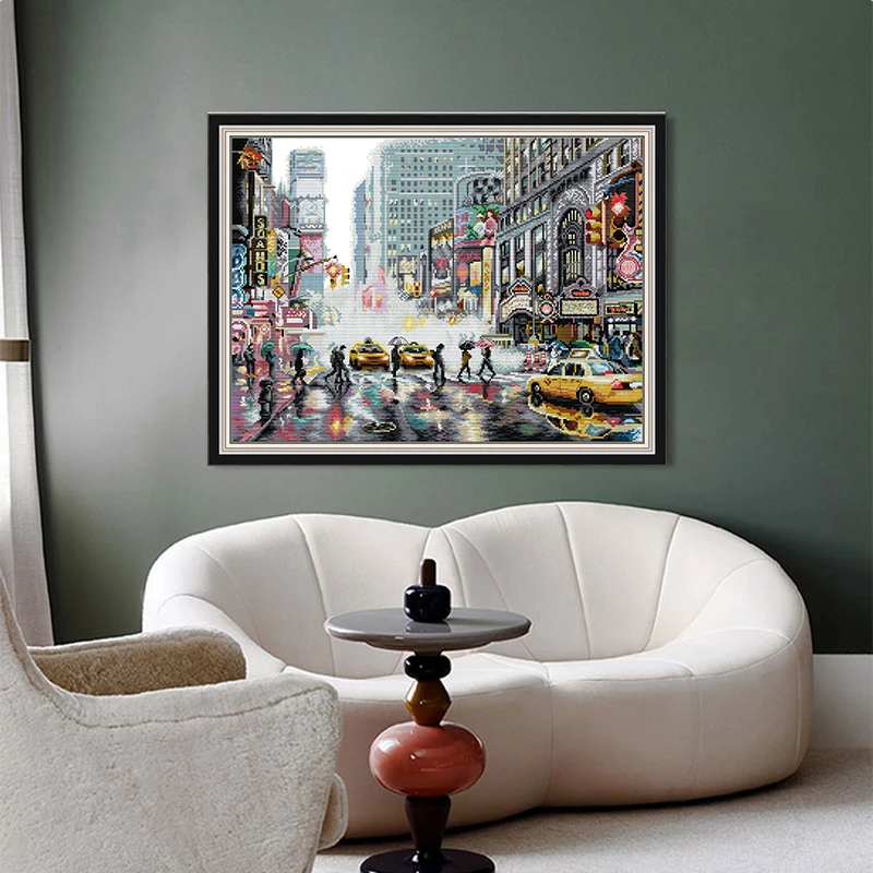 Joy Sunday Cross Stitch Kits 11/14CT Embroidery Painting New York Times Square DMC Printed Canvas DIY Handmade Home Decor