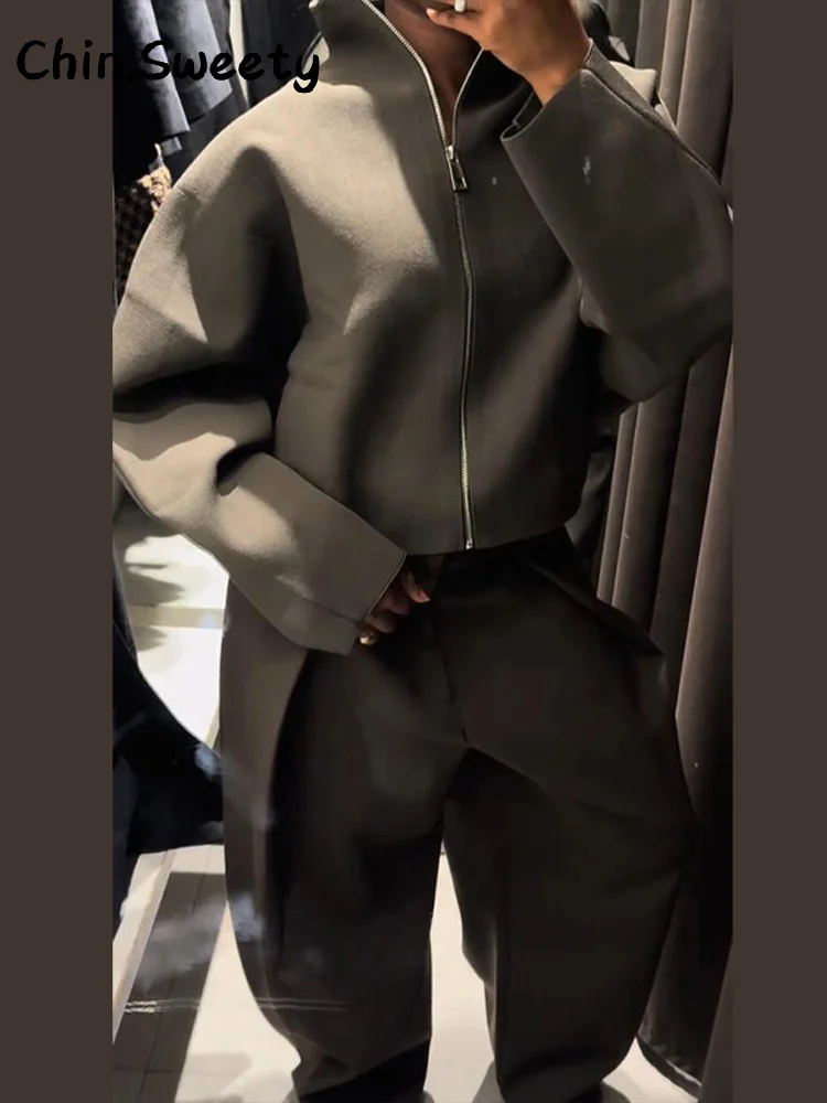 Ležérní dámské pletené zkrácené bundy se stojáčkem, volné kabáty s dlouhým rukávem a zipem, podzim/zima 2025, elegantní dámské outfity na dojíždění - náhled 5