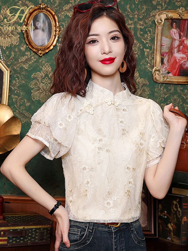 H Han Queen Summer Simple Elegant Embroidery Lace Blouses Womens Korean Loose Casual Vintage Short Sleeve Shirts OL Office Tops