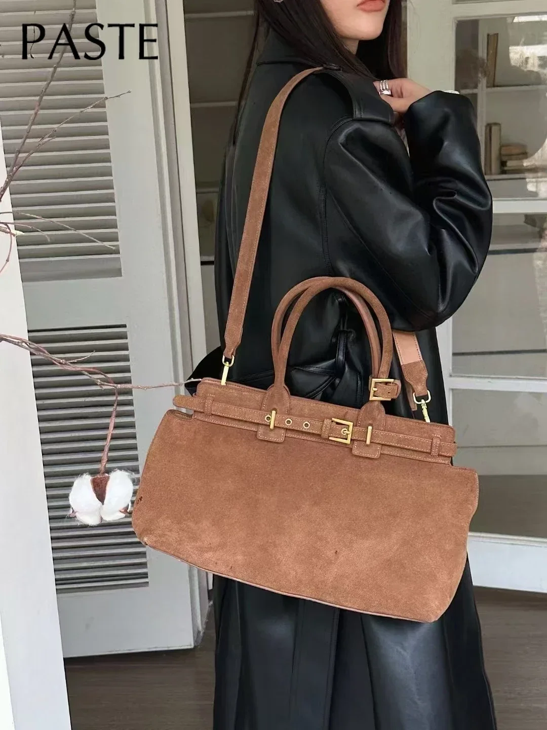 حقيبة يد للعمل من جلد Nubuck للنساء ، حقيبة حمل كبيرة ، قهوة غير لامعة ، جمل رمادي ، طراز روسي ، جلد مدبوغ حقيقي ، جلد بقر ، شتاء