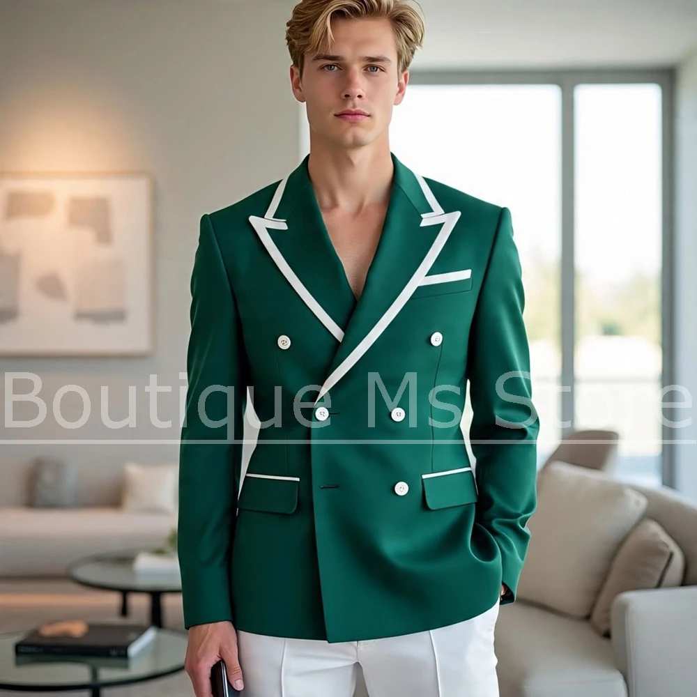 

Мужской костюм из двух предметов, двубортный пиджак с пиковыми лацканами и белой отделкой, модные формальные вечерние свадебные смокинги (куртка + брюки)