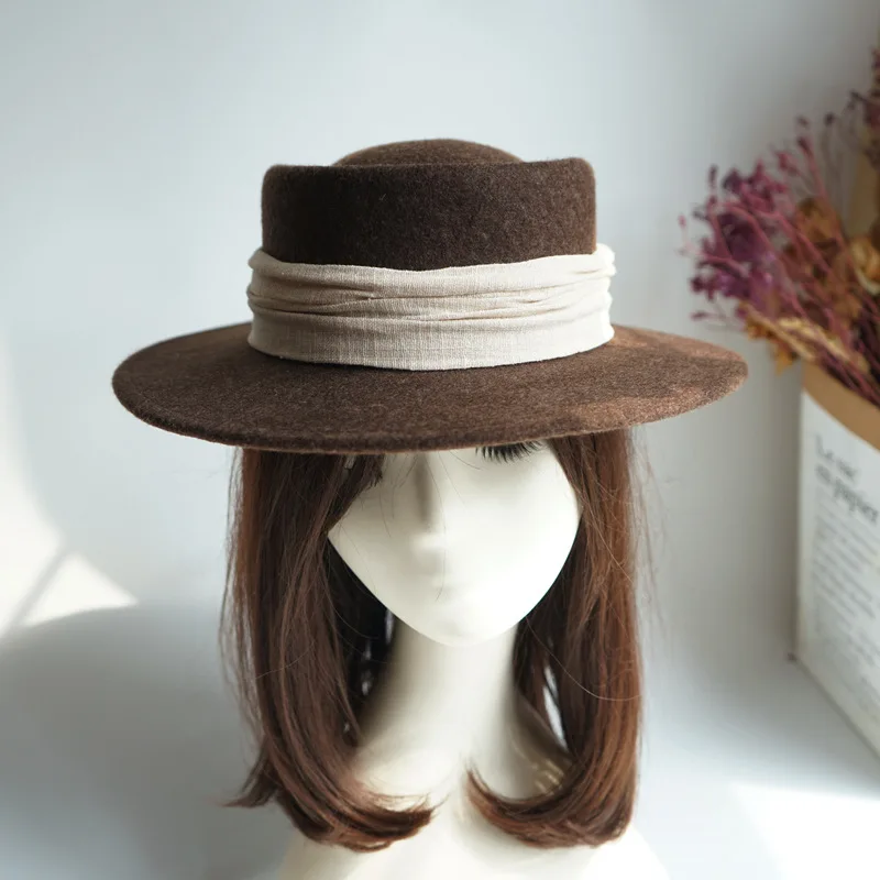 elegant-brown-cotton-linen-woolen-flat-top-hat-women's-autumn-winter-retro-british-style-simple-sun-protection-wide-brim-cap