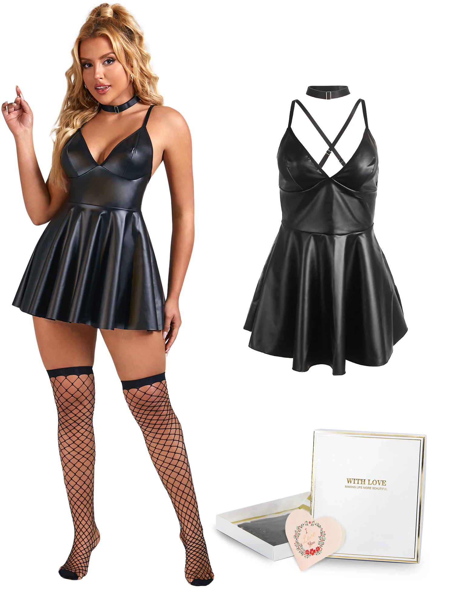 

Gift Box + Black PU leather Suspender Sexy Nightdress