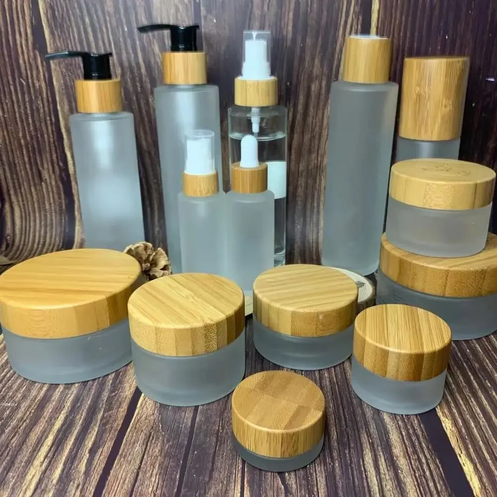 

Frosted Glass Bottles with bamboo Cap for Essence Cosmetic jar,Glass Cream Jar With Bamboo Lids for Eye Cream and Skin CareCream
