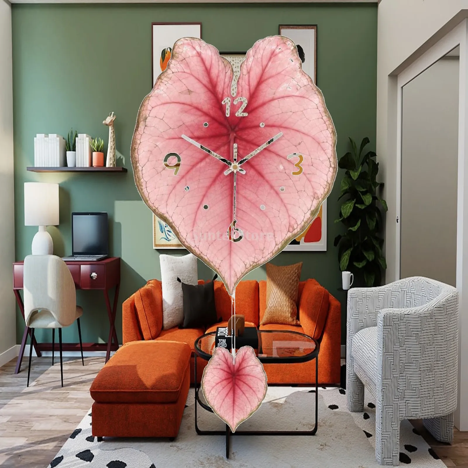 botanical-acrylic-wall-clock-with-hanging-leaf-accent-for-bedroom-living-room-home-decor-elegant-style