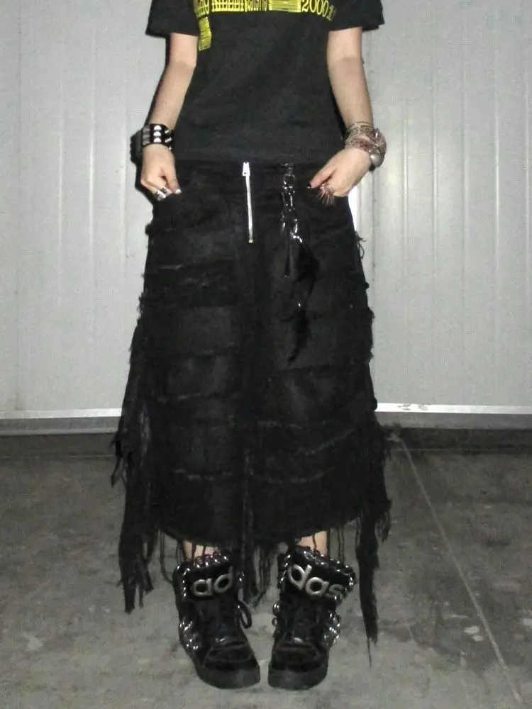 Y2k الأمريكية الرجعية الشرير شرابة الجينز الأسود الرجال والنساء الصيف الاتجاه الجديد موضة الشارع الشهير عادية فضفاض واسعة الساق الجينز