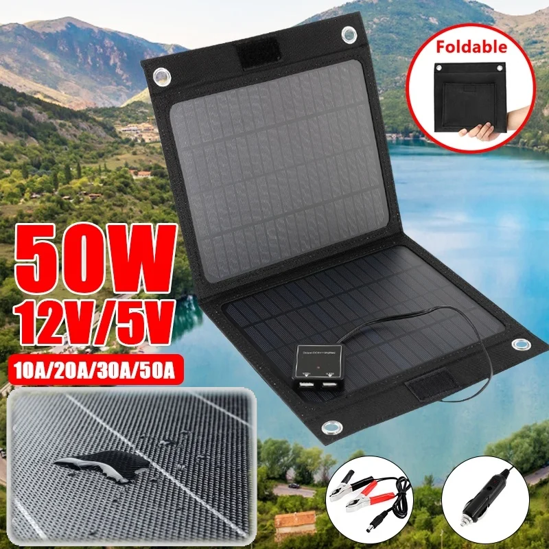 12V 50W faltbare Solarpanel-Tasche, tragbares Solarpanel-Ladegerät für den Außenbereich, mobile Powerbank für Telefonbatterie, USB-Anschluss