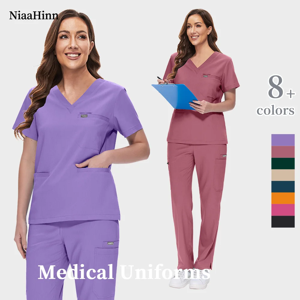 

Wholesale Multicolor Medical Uniforms V-neck Short Sleeve Nursing Work Tops Pants Breathable Soft Nurse Accessories Scrubs Suits