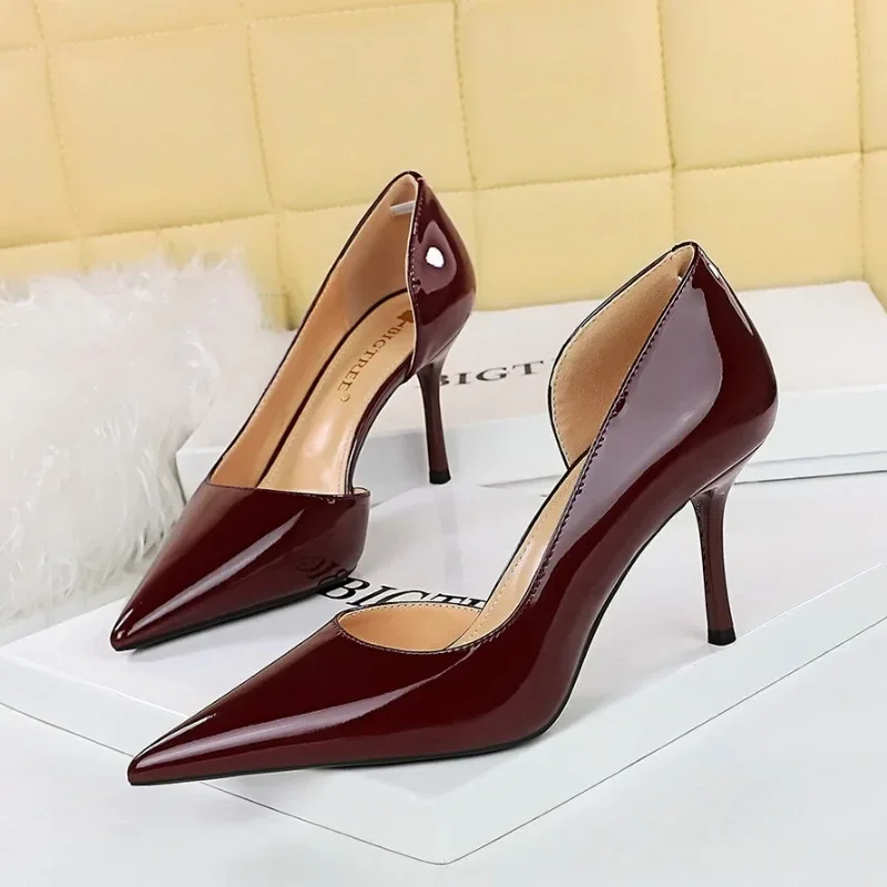 BIGTREE Women's Pumps Sexy Wedding Shoes Pointed Toe Solid Patent Leather 8CM Thin Heels Professional Office Women's Shoes