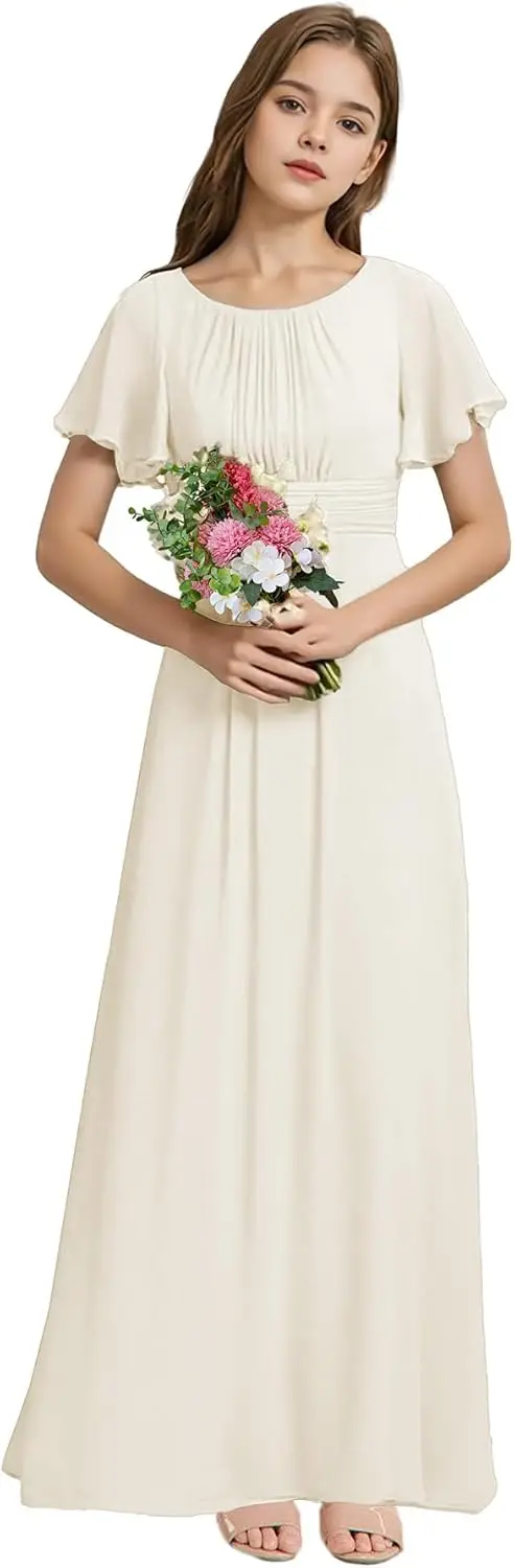 A-lijn Junior Bruidsmeisjesjurken Korte mouwen A-lijn Chiffon Bloemenmeisjesjurk Afstudeerjurken voor meisjes Formele jurk