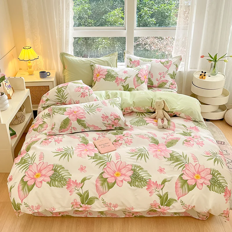 Shabby Floral Duvet Cover Twin Queen Cotton Monstera Leaves Pink Flower Comforter Cover with 2 Pillow Sham Botanical Bedding Set