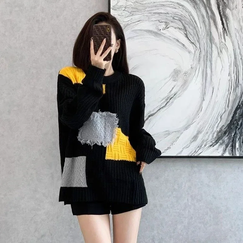 

Lazy Style Black Sweater Women's New Niche Versatile Design Bottom Knit Top