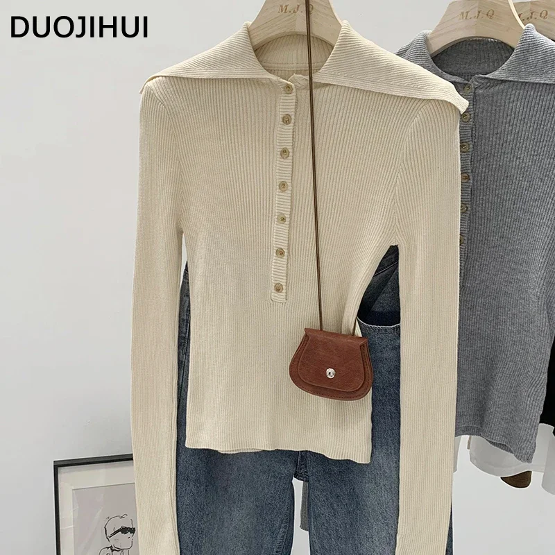 DUOJIHUI-Pulôveres soltos para mulheres, pulôveres femininos de malha com botões, monocromático, casual e solto, básico e fino, moda americana, novo, outono