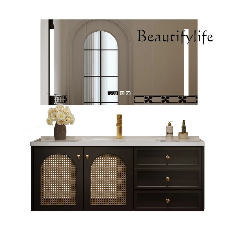 French retro rattan oak bathroom cabinet ceramic integrated basin hot bending washstand toilet washbasin cabinet