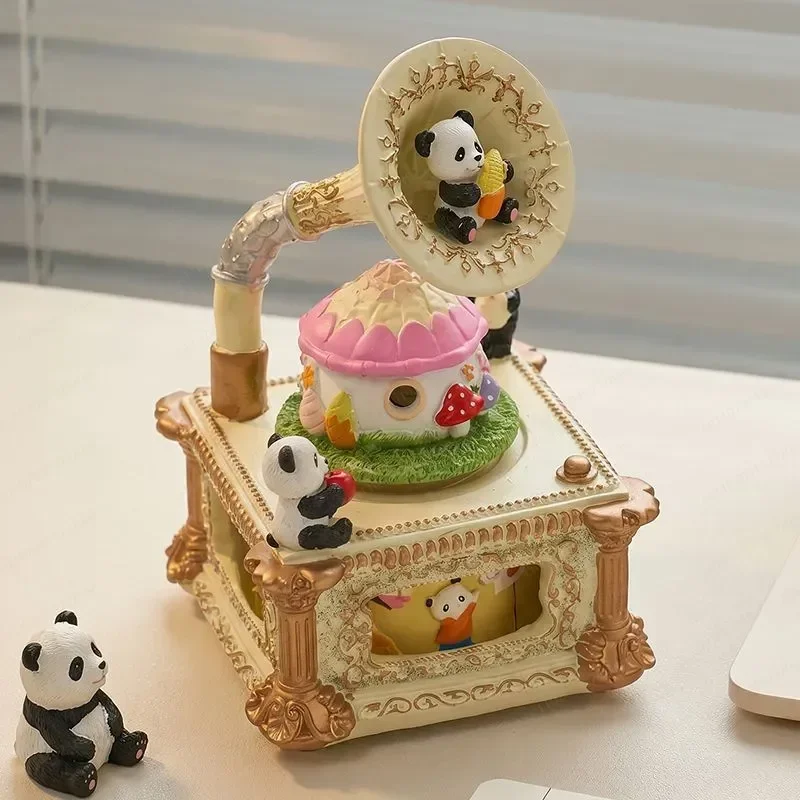 JMZ Music Box Cute Panda Rotating Musical Box for Girls Women Girlfriend Birthday Gift Crystal Heart Ornament Desktop Decor