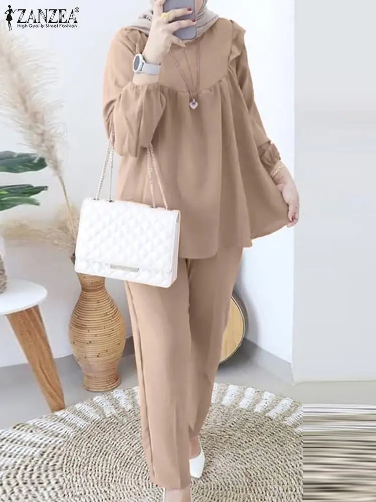 

ZANZEA Elegant Elastic Waist Trouser Pant Sets Turkey Women Long Sleeve Ruffles Tops Muslim Matching Sets Fashion 2pcs Tracksuit