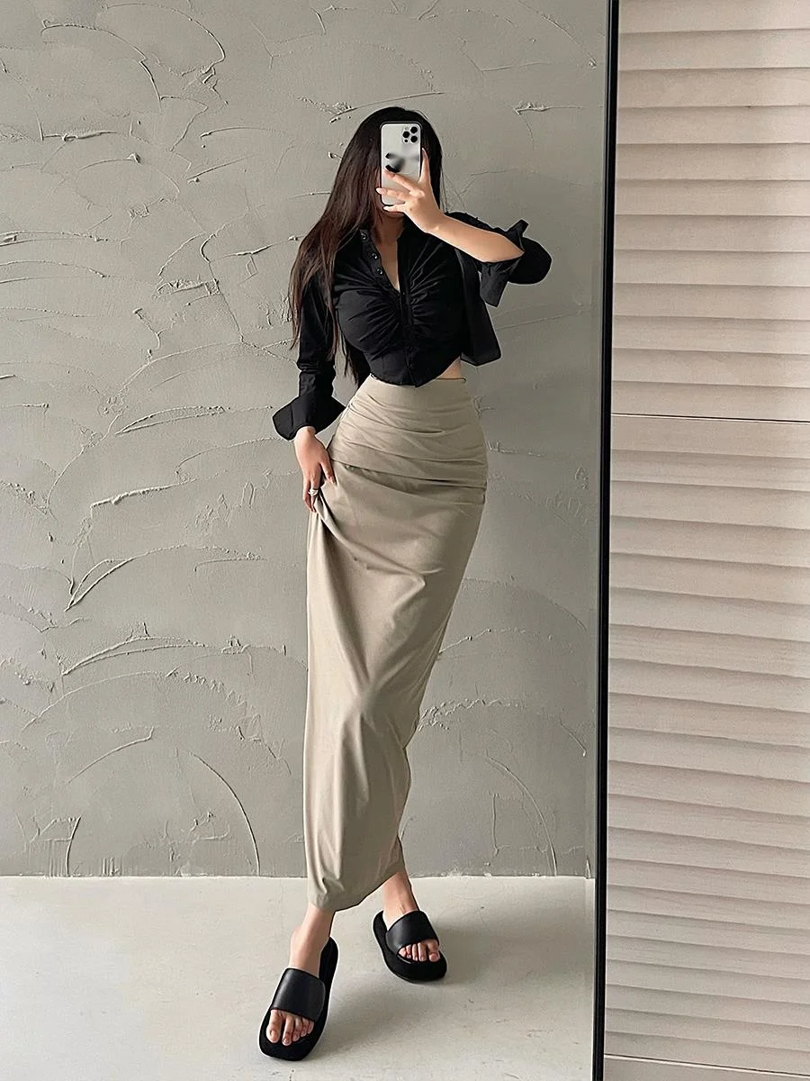 WOMENGAGA Sexy High Waist Slim Pleated Slim Tight Wrap Hip Workwear Skirt Long Skirt Girl Hot Sexy Korean Women Skirts UA4N