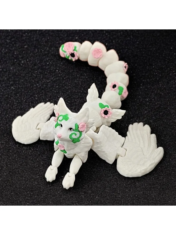 Figurines de renard blanc imprimées en 3D avec ailes, ornement multi-articulés, modèle Animal de renard mobile, décorations de bureau pour la maison et le bureau