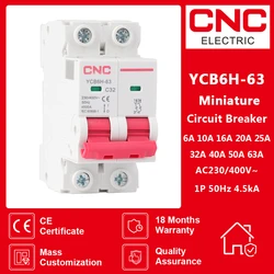 CNC YCB6H-63 6A/10A/16A/20A/25A/32A 2 poli montaggio su guida Din capacità di interruzione interruttore magnetotermico MCB