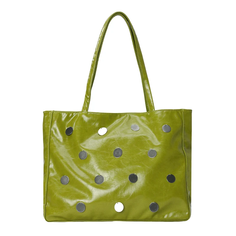 ELFSACK Glossy Green Polka Dot Metal Stud Tote Bag, Large Capacity Faux Leather Single Shoulder Shopping Bag for Daily Casual