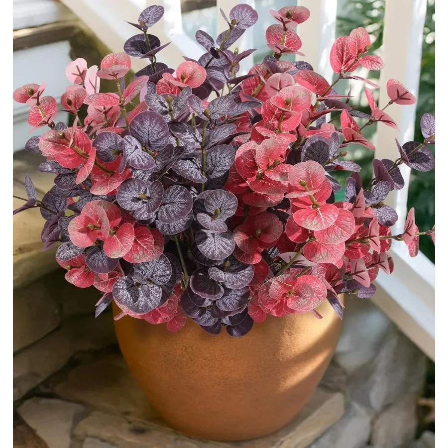 

Стебли искусственной зелени растений для улицы, 4 шт., настоящий сенсорный бордовый искусственный доллар, ветки листьев эвкалипта, пучок олор, искусственный пластик