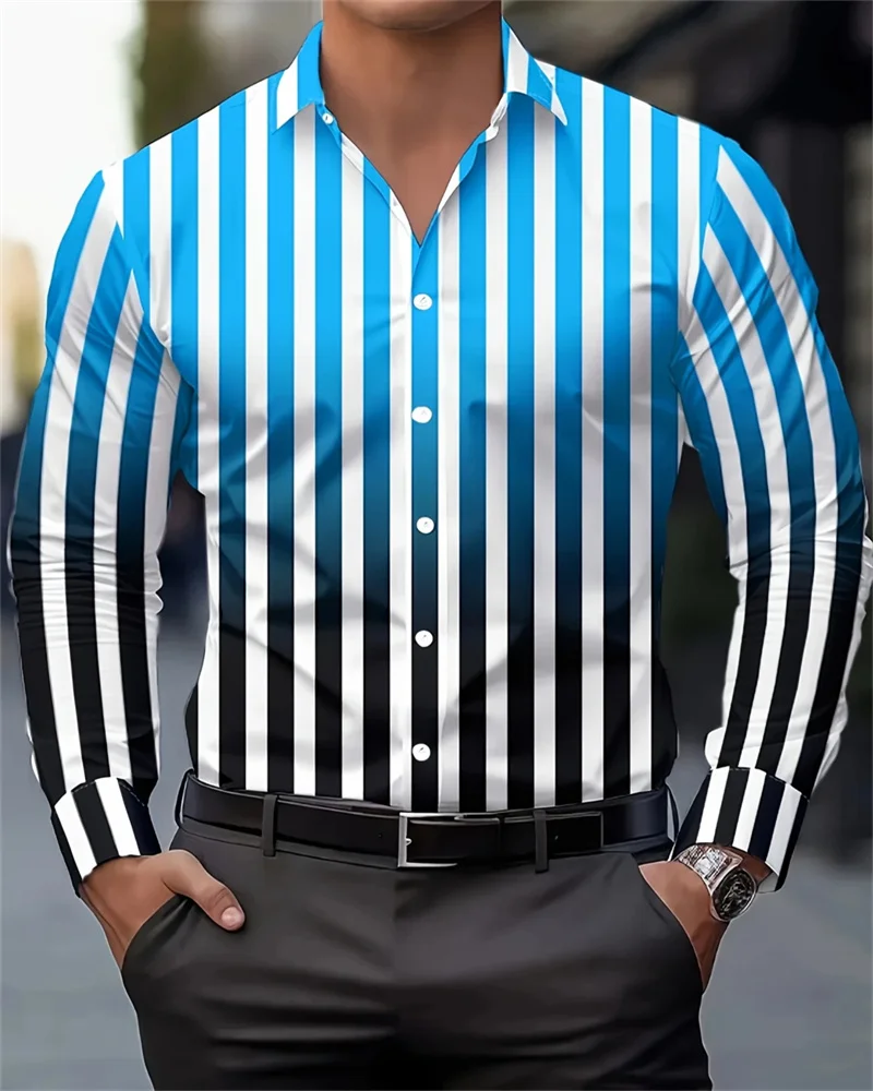 

New Men's Striped Print Long Sleeve Shirt Social Dress Hawaiian Elegance Classic Time New Collection