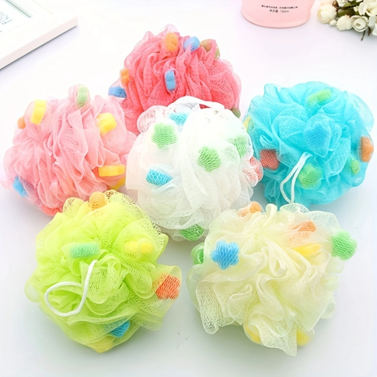 

DEKAXID 1/5pcs Exfoliating Loofah Pouf Sponge, Bath Shower Spa Puff Mesh Brush, Facial & Body Scrub Wash Ball, Puff Net Brush,