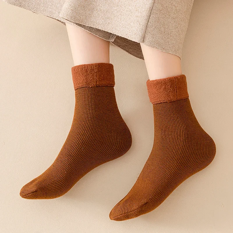 1/5pairs Female Winter Fleece Thicken Warm Socks Soft Comfortable Solid Color Home Floor Thick Stocking Boots Sleeping Socks
