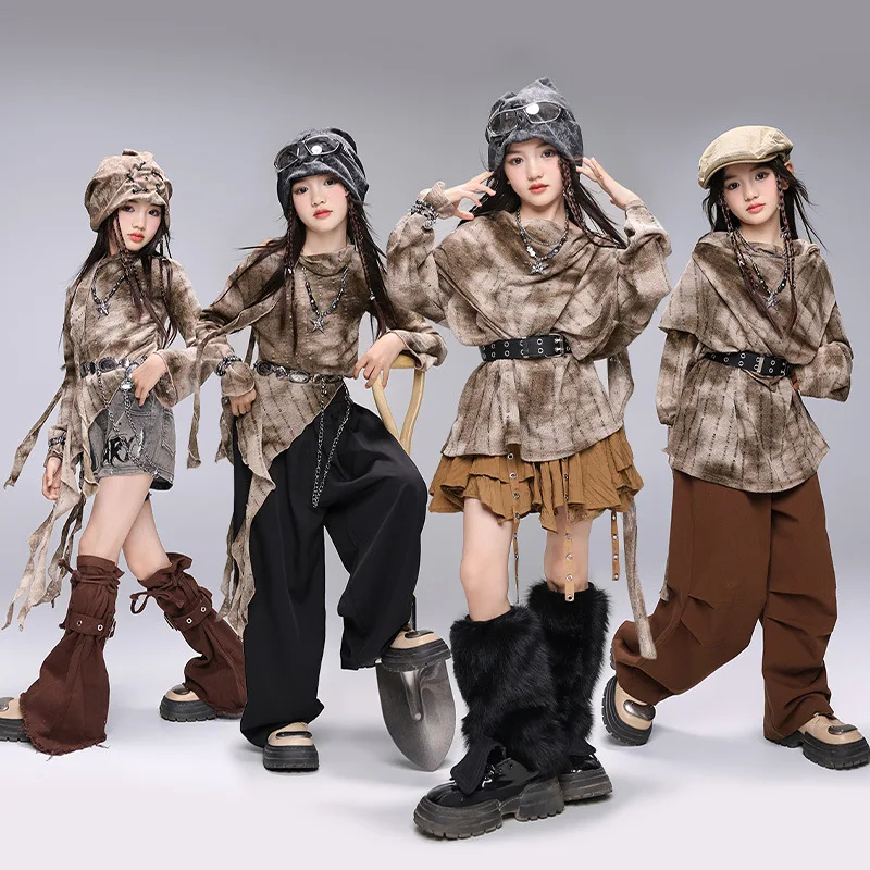 

Child Skirts Streetwear Kids Wasteland Punk Clothes Set Girls Hip Hop Irregular Top Shorts Cargo Pants Boys Street Dance Hoodies