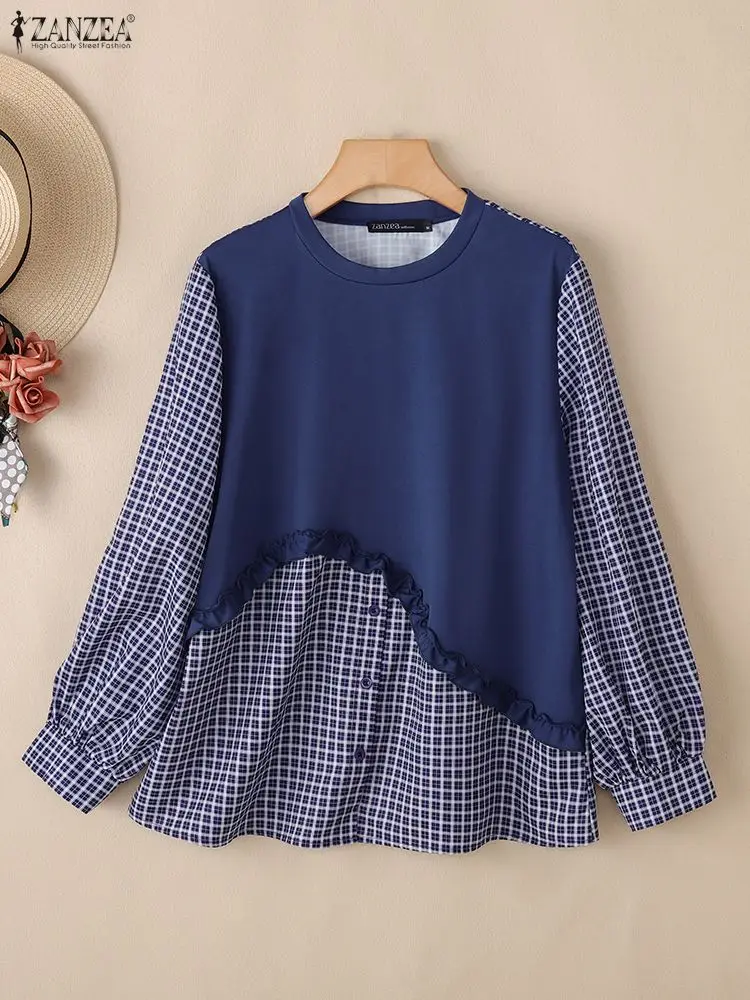 ZANZEA Moda Autunno Camicetta Donna Plaid Patchwork Top Casual O Collo Camicette a maniche lunghe Pullover allentato Elegante camicia da lavoro 2025